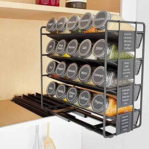 

Out Spice Organizer with 20 Jars, Heavy Duty Slide Out Seasoning Organizer for Kitchen Cabinets, with 801 Labels and Chalk Mark