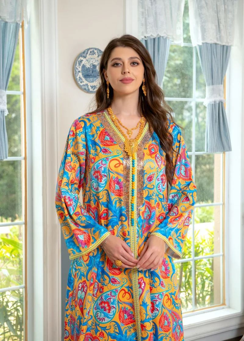 Modest Muslim Moroccan Jalabiya Dubai Abaya Dress for Women Fashion Ethnic Print Rhinestone Tape V Neck Long Sleeve Colored Robe