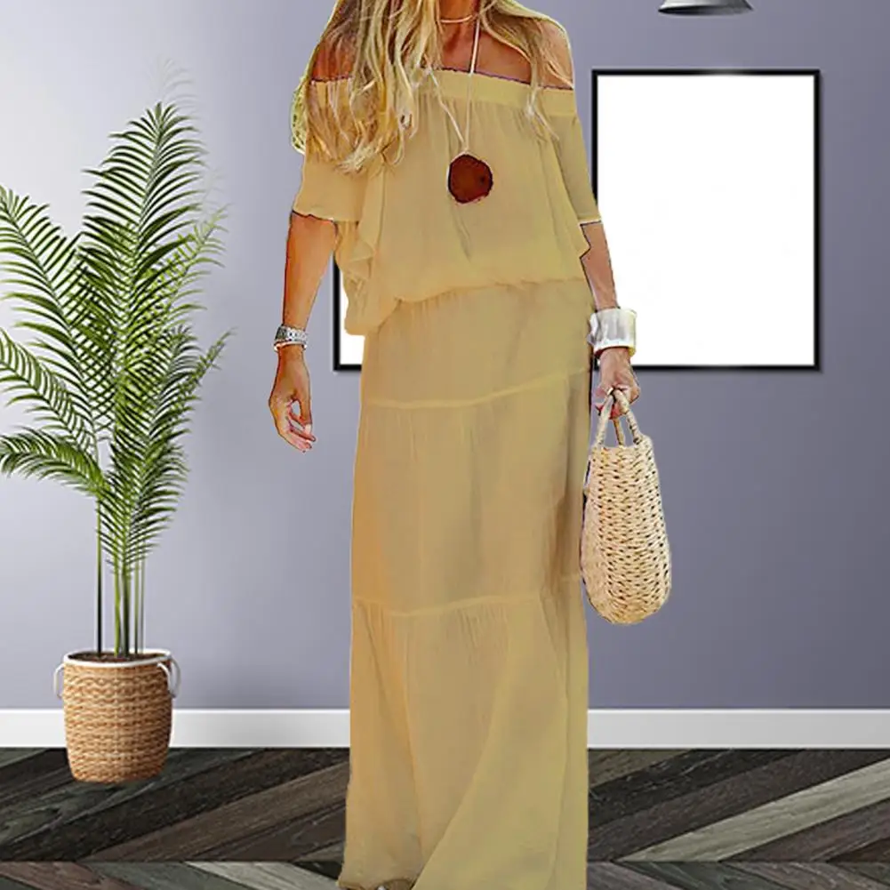 

Женское платье с коротким рукавом и эластичным поясом, длинное однотонное Привлекательное платье с широким подолом и открытыми плечами, женская одежда 2022