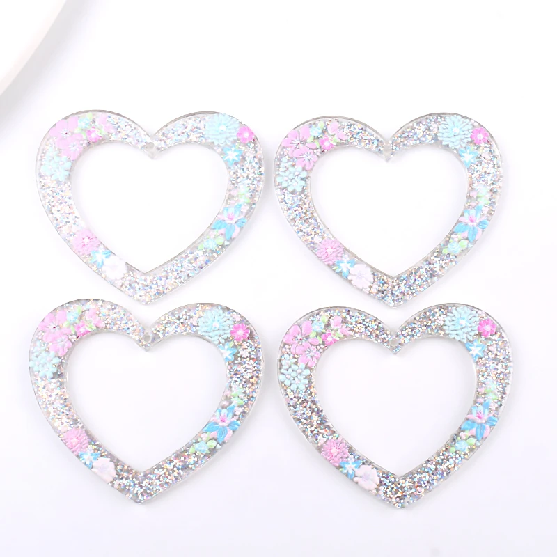 10pcs 42x36mm Beauty Flowers Print Heart Charms Pendant for Earring Key Chains Acrylic Shiny Wedding DIY Jewelry Making Findings