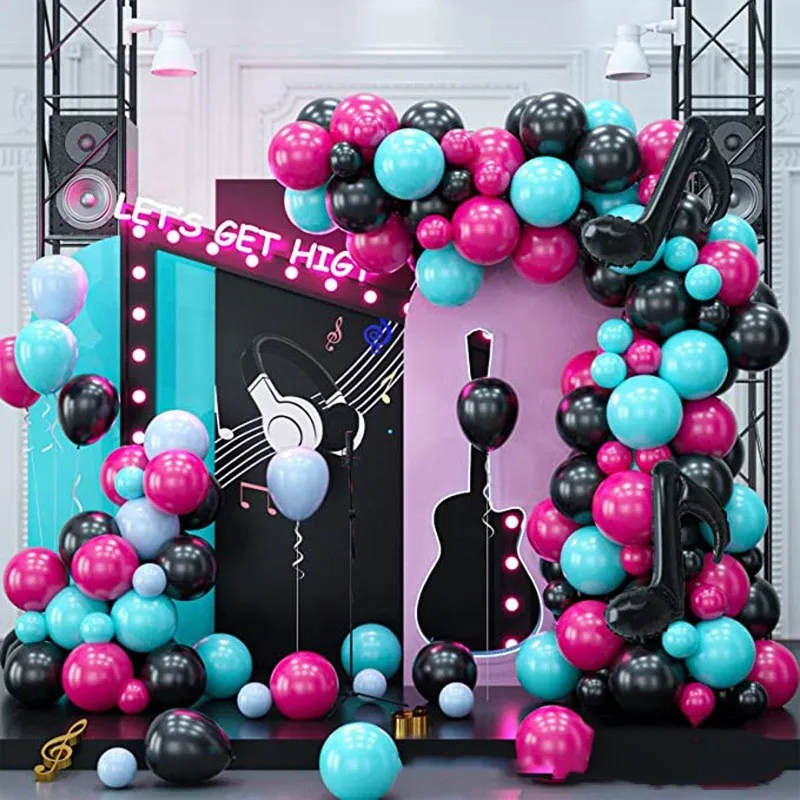 

Music Theme Balloon Wreath Arch Kit Rose Pink Black Latex Balloon Band Notes Party Decoration Kit