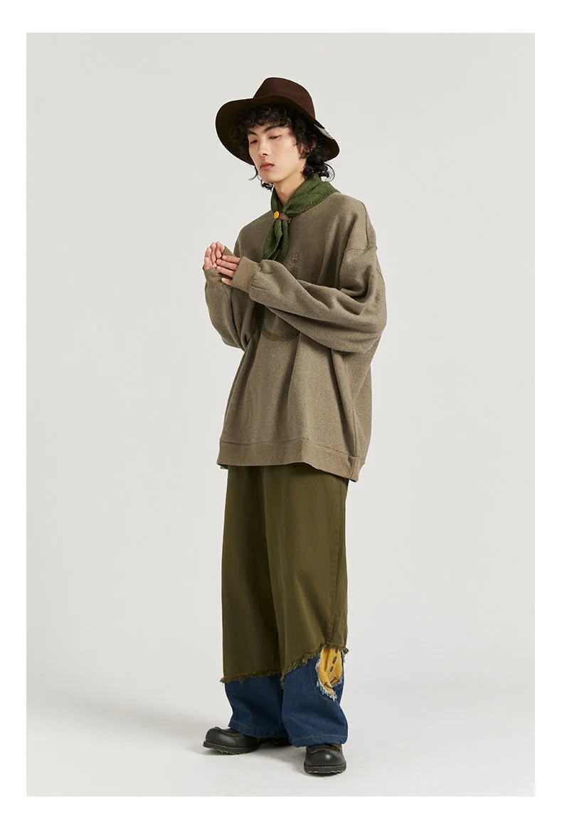 Jeans design sense men and women spring and autumn loose straight stitching design sense retro wide-leg pants hip-hop trousers