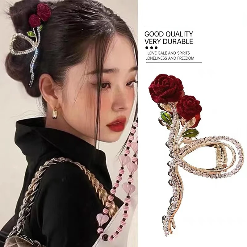 

Rose Grab Clip Korean Shark Clip Rhinestone Fashion Women's Pearl Claw Clip Back Of The Head Coil Hair Grab Clip Girl Headwear