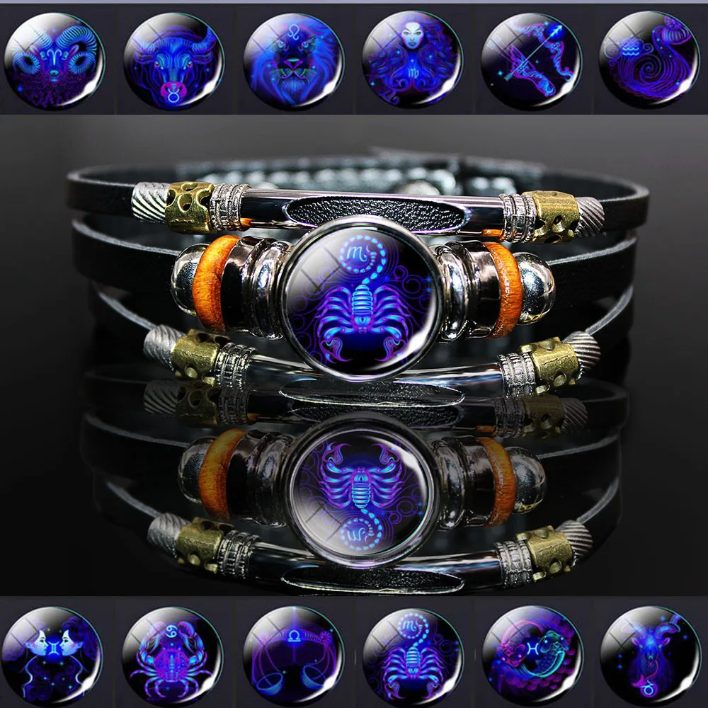 

12 Constellation Zodiac Luminous Genshin Impact Bracelet For Men Women Glow In The Dark Charm Leather Bracelet Birthday Gift
