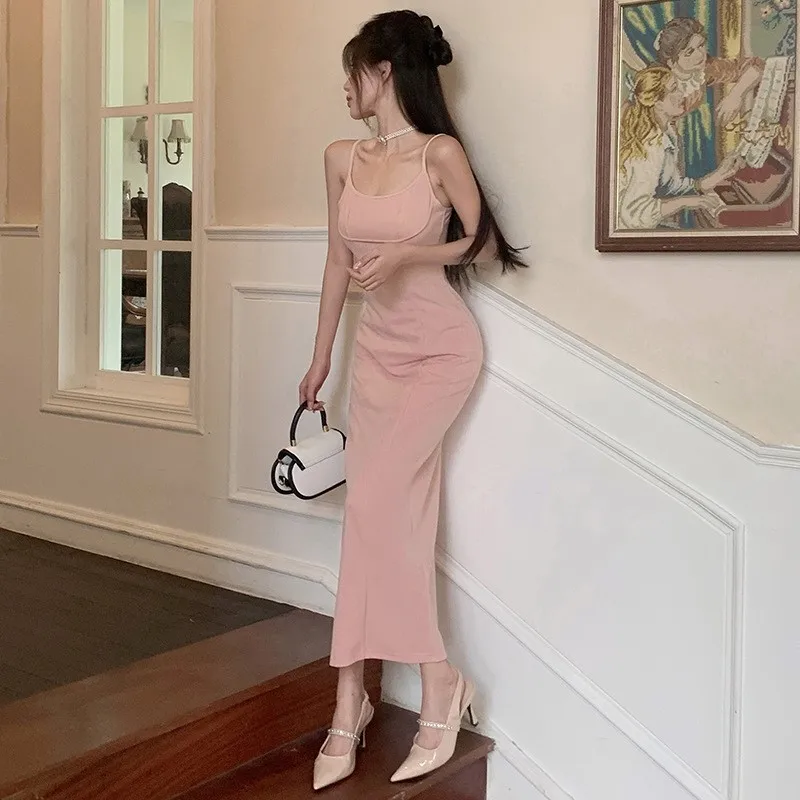 

Beach Dress Women Summer 2023 Up Cover Pure Desire Pink Senior Slim One Female Ins Solid Spandex Large Sizes Outings Tunics