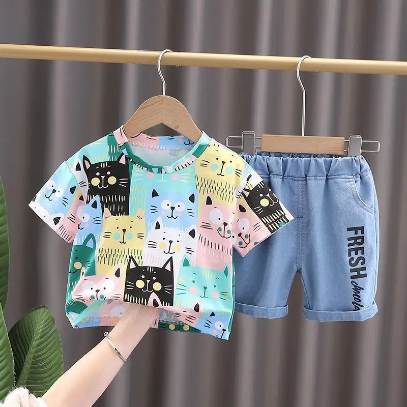 

2022 Summer Print Casual Clothing Korean New Fashion Baby Boy Girl Clothes Cartoon Tops Shorts 2Pcs Suit Boys Clothing Set