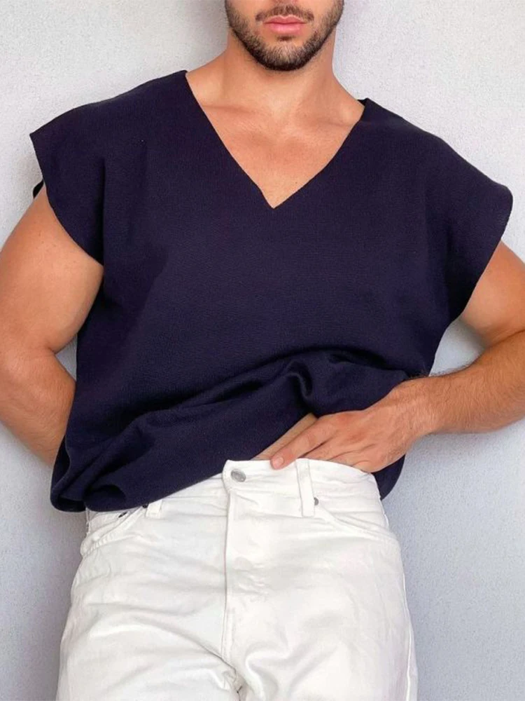 

2022 Summer Sleeveless Vest Tops Casual T-shirt Men Solid Basic Tee Tops Fashion Simple Style V-Neck Pullover Mens Streetwear