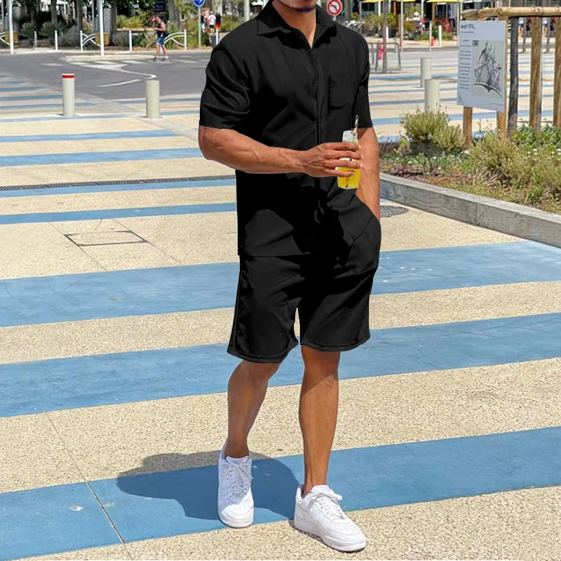 Summer New Men's Casual Suit Solid V-Neck Thin Polo Shirt Short Sleeve Shorts Outdoor Fitness Sports Breathable Two Piece Set