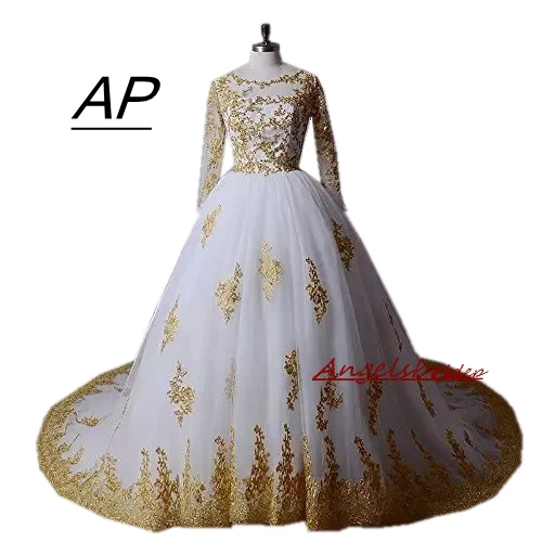 

ANGELSBRIDEP Vintage White And Gold Applique Wedding Dresses With Long Sleeves Ball Gowns Vestido De Noiva For Bride Dress