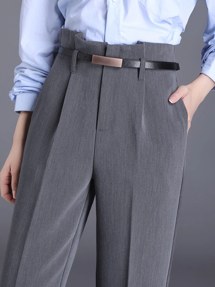

Women Suit Pants Spring Summer Fashion Office Lady Straight Pants With Belt Female Casual High Waist Gray Black Khaki Pants