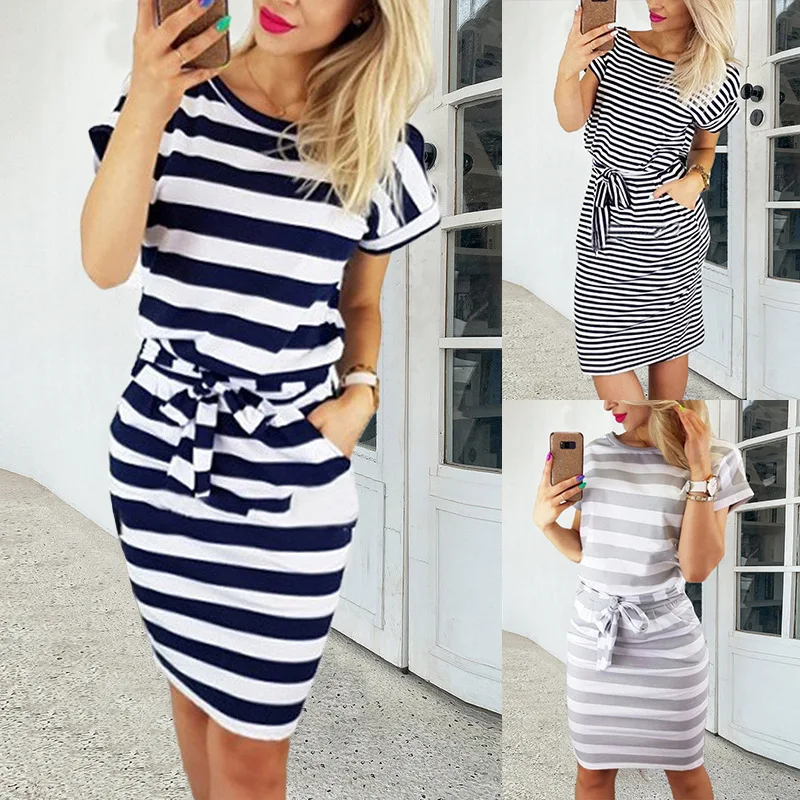 

2022 Summer New Women's Slim Round Neck Striped Elastic Belt Dress Casual Commuting Office Clothing Female & Lady