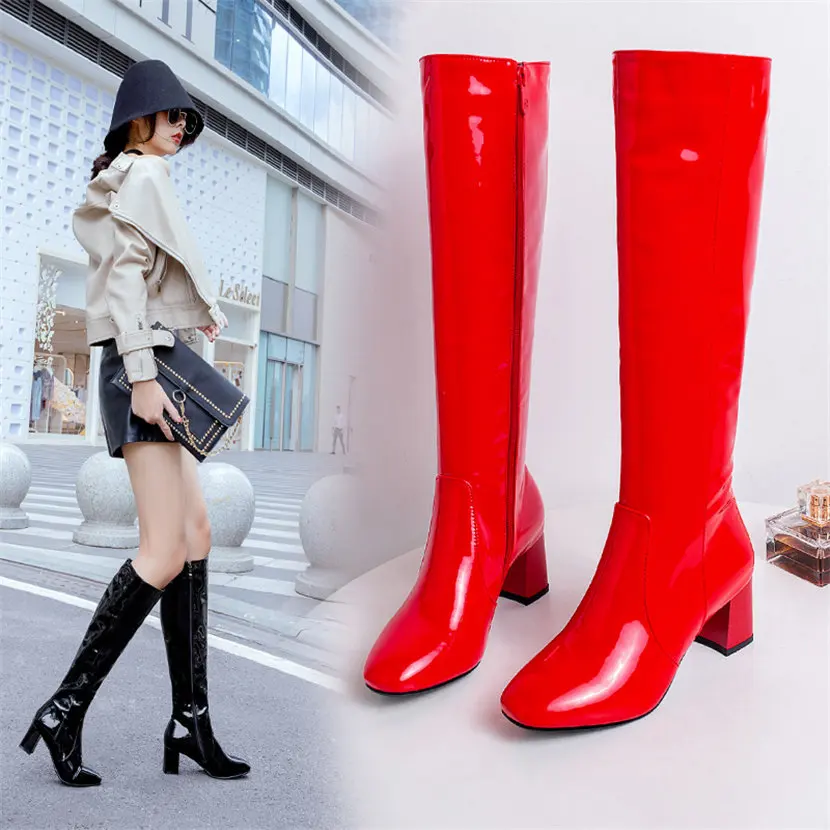 Big Size Women Knee High Boots Red Black Patent Leather Block Heels Party Office Lady Square Toe Autumn Winter Zipper Long Shoes