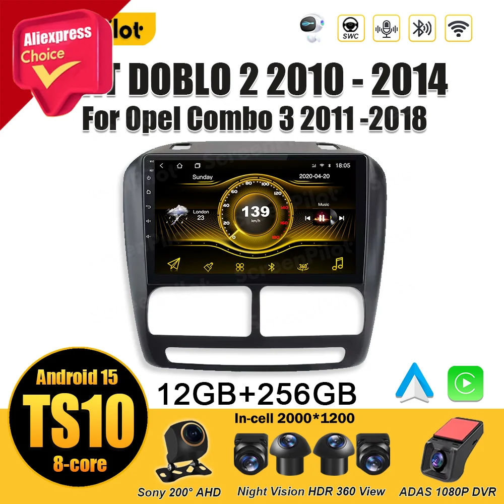 Фото Android 15 для FIAT DOBLO 2 2010 2011 2012 2013 2014 для Opel Combo 3 2011-2018 Автомобильный радиоприемник Android Auto Bluetooth 8 Core RDS Wi-Fi №1