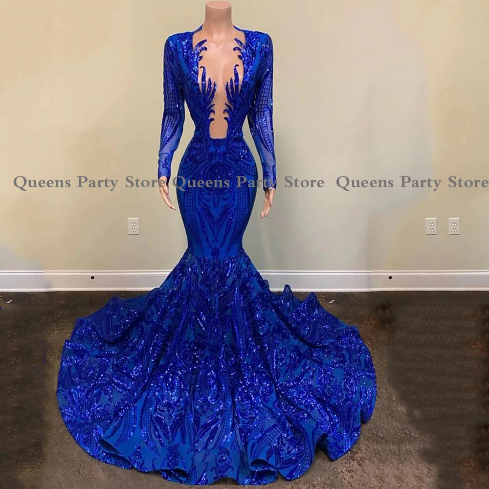 

Женское вечернее платье-русалка, синее Прозрачное платье с длинными рукавами, глубоким V-образным вырезом, кружевной аппликацией и шлейфом, ...