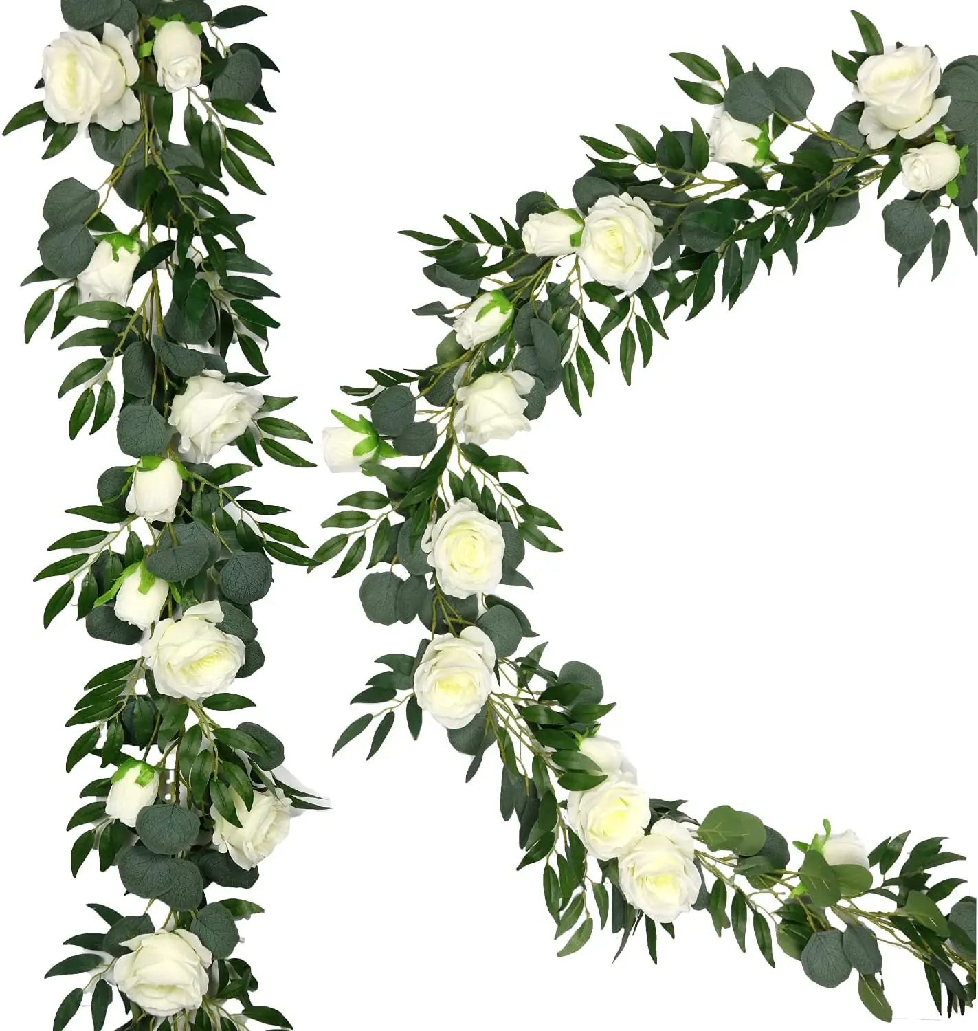 2 Packs Artificial Eucalyptus Garland,Faux Silk Eucalyptus Garland with White Roses Willow Vines Twigs Leaves,Greenery Garland