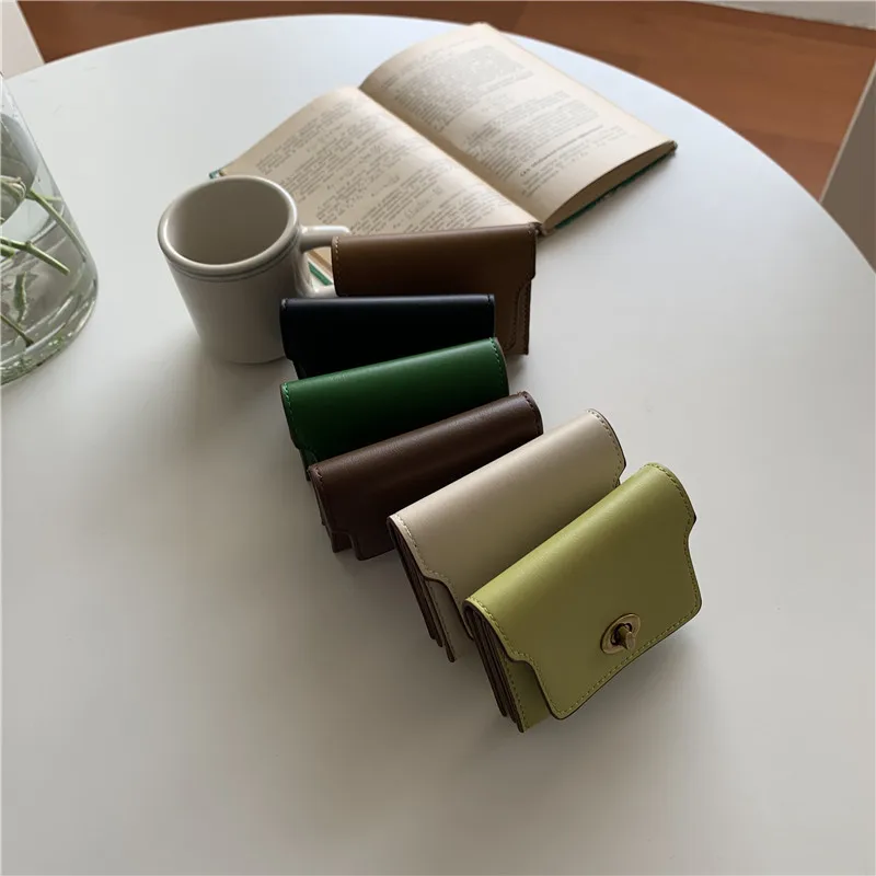Women Purse Simple Card Case Wallet Small Bag Multi-compartment Lock Mini Hangbag PU Solid Color