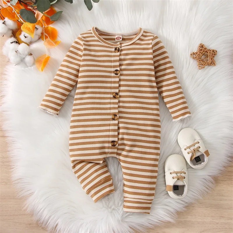 

New Fashion Infant Baby Unisex Casual Romper Long Sleeve Round Neck Stripe Printed Ribbed Long Jumpsuit 0-24 Months