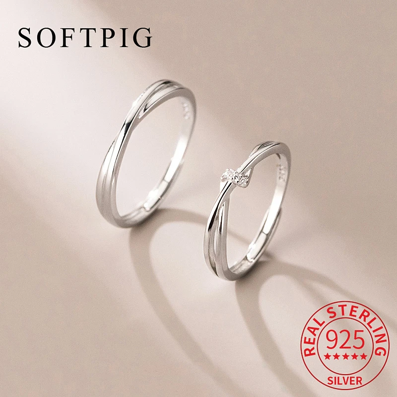 

SOFTPIG Real 925 Sterling Silver Zircon Cross Line Knot Shell Adjustable Ring for Women Lovers' Fine Jewelry Minimalist Bijoux