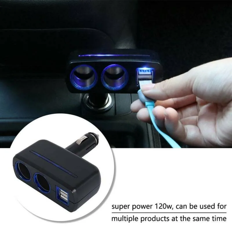 

2 Way Power Socket Splitter Charger Adapter Black Cigarette Lighter Compact Design DC 12V Dual USB High Quality