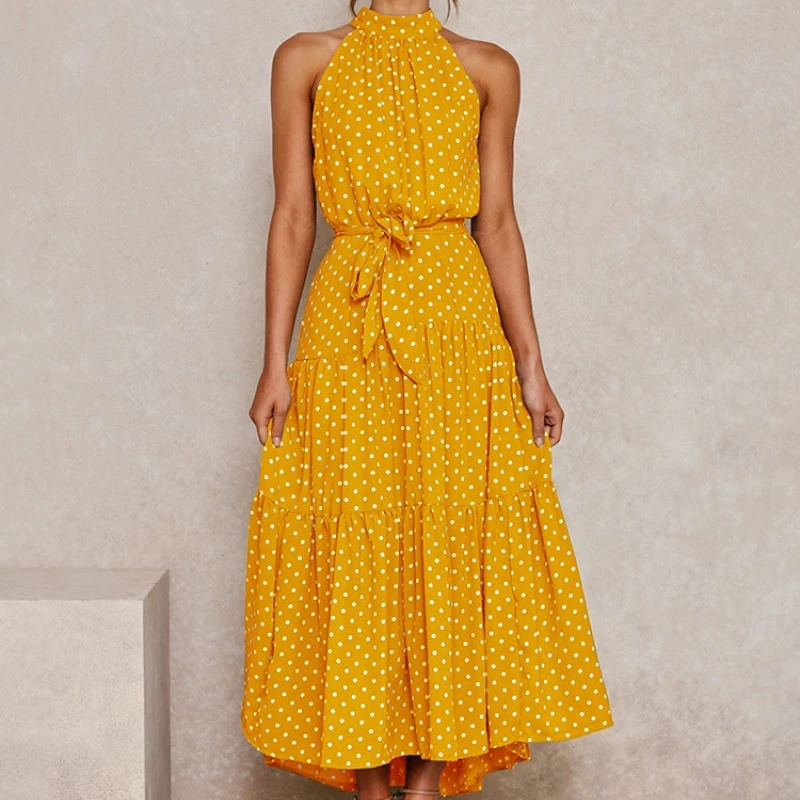 

2023 Summer Women Solid Dot Long Dress Sexy Halter Strapless Lace Up Skirt Female Boho Beach Holiday Maxi Dresses Casual Robe