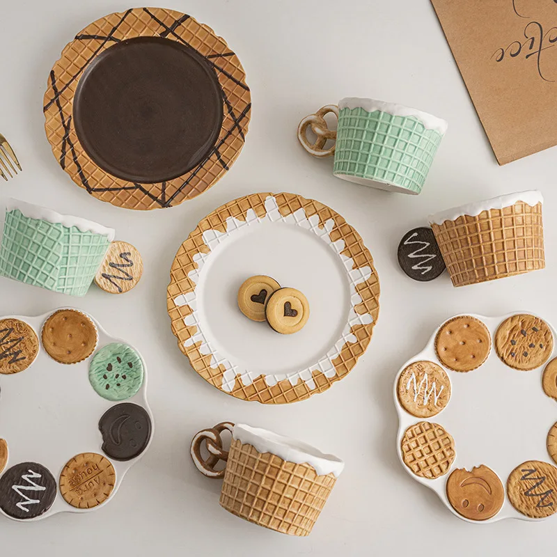 

Creative Cookie Waffle Biscuit Plate Cup Mug Sweet Ceramic Coffee Breakfast Milk Cup Dishes Teacup Home Kitchen Tableware Set