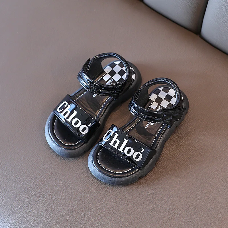 

Children's Fashion Beach Shoes 2022 Summer New Girls' Casual Checkerboard Sandals Flat Non-slip Open-toe Solid Black Hook & Loop