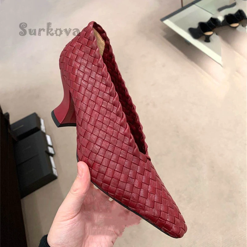 Woven Sheepskin Pumps Concise Pointed Toe High Heels Women's Shoes Comfortable Casual Mom's Kitten Heel Elegant Slip On Sandals
