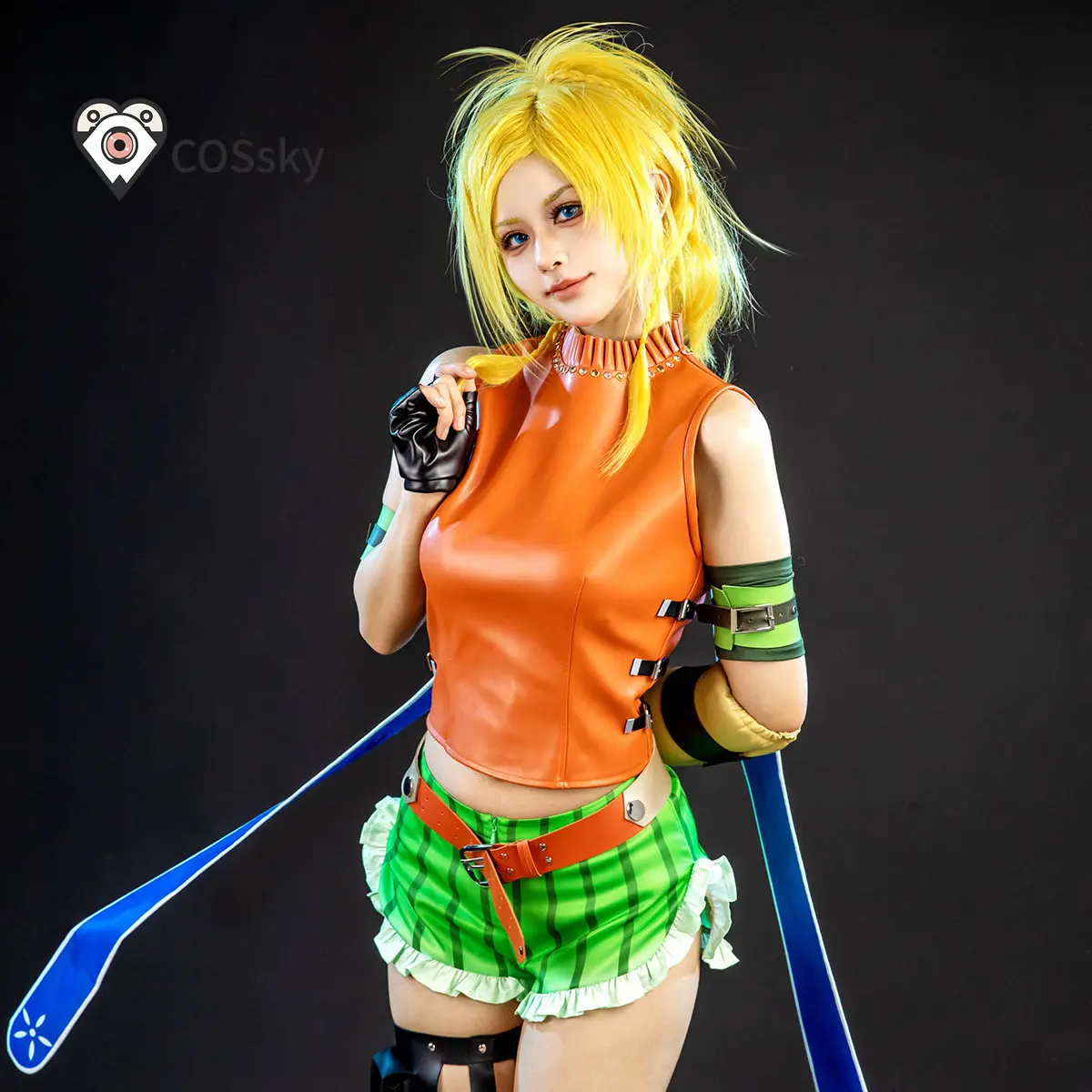 Фото Костюм для косплея Рикку из игры Final Fantasy X: новый повседневный кожаный топ, шорты, реквизит, перчатки, униформа Рикку для Хэллоуина, для мужчин и женщин №5