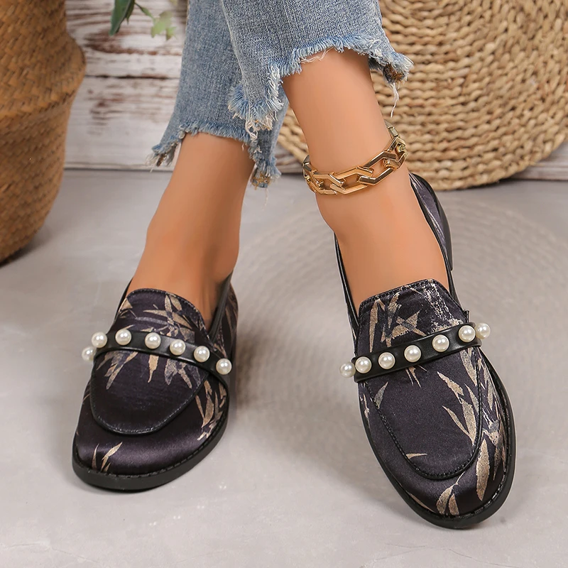Туфли-лодочки женские с жемчугом бамбуковый принт низкий каблук лоферы без