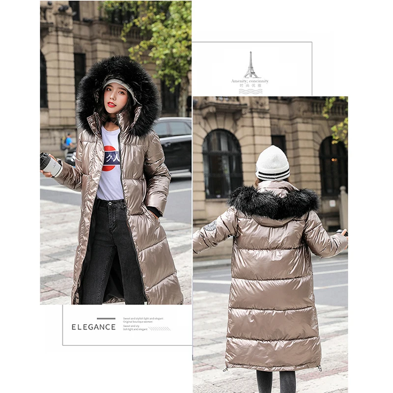 Bright Cotton Padded Coat Women Fur Collar Loose Thicken Warm Jacket Women 2022 Winter Korean Fashion Solid Long Parkas Female