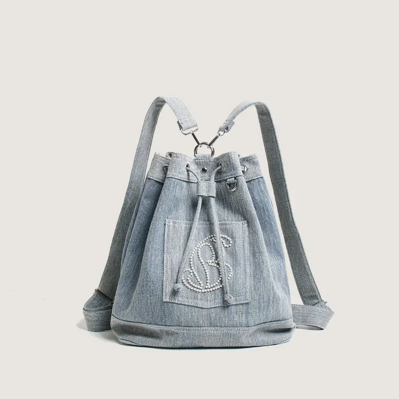 

[BXX] Fashion Women's Solid Color Denim Backpack Surface Pocket Drawstring Design Casual Office Lady Bag 2023 New Tide 8CY276
