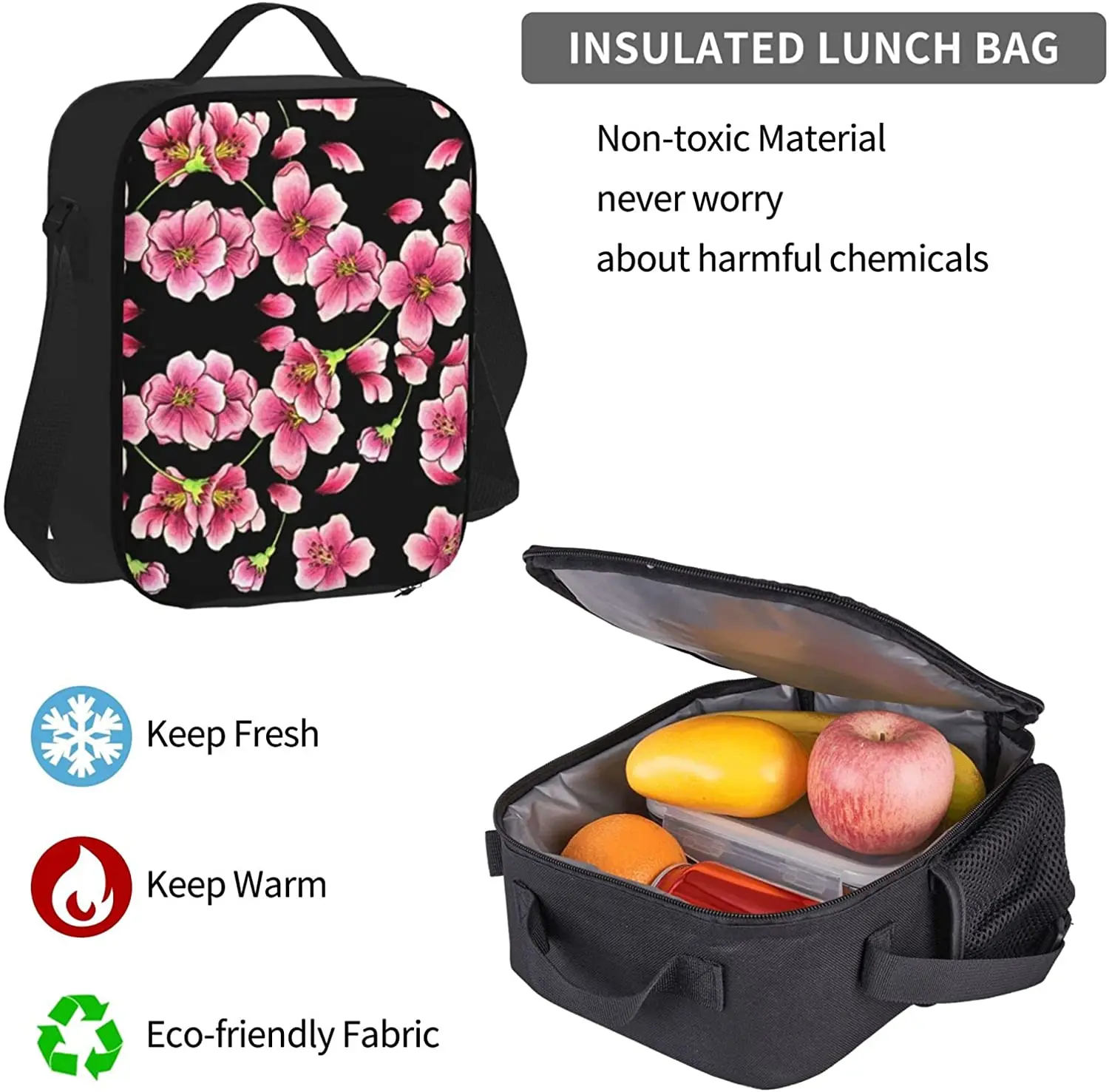 Cherry Blossoms On Black Backpack Set 3-Piece Teen Boys Girls Backpack Messenger Lunch Bag Pencil Case Set