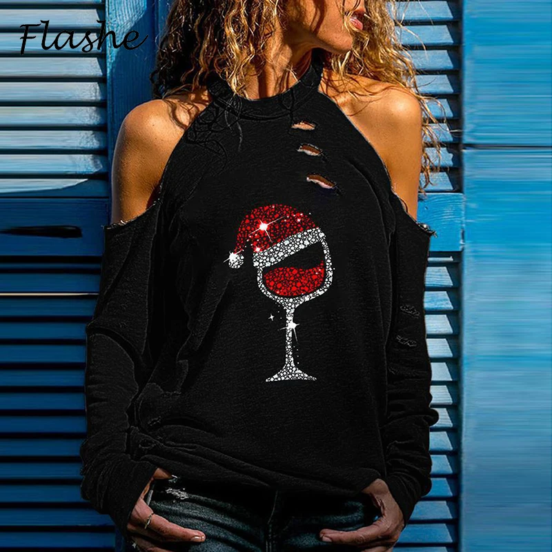 Модная Рождественская футболка женские осенние Рубашки с открытыми плечами и