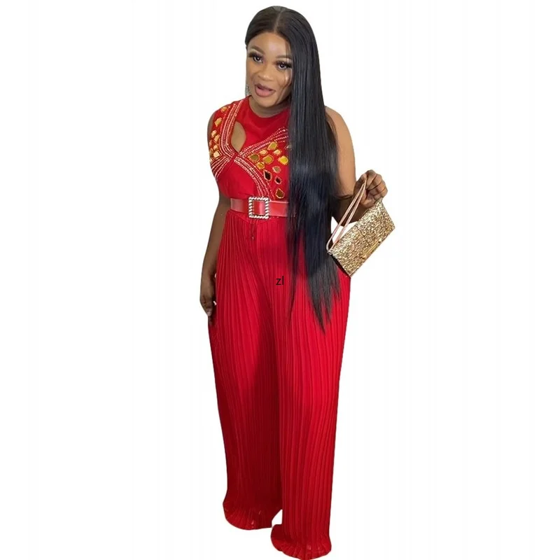 

Dashiki African Women Long Wide Legs Jumpsuits Sleeveless Peplum Christmas Black Party Wear Celebrate Pleated Rompers Overalls