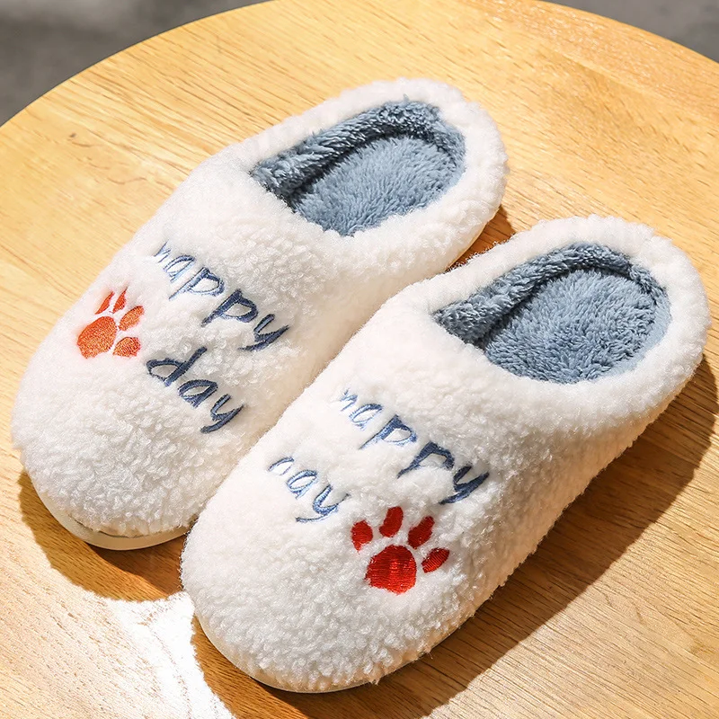 

Indoor Winter Women Home Cotton Slippers Non-Slip Plush Slides House Cute Alphabet Fur Hairy Warm Ladies Man Couples Shoes