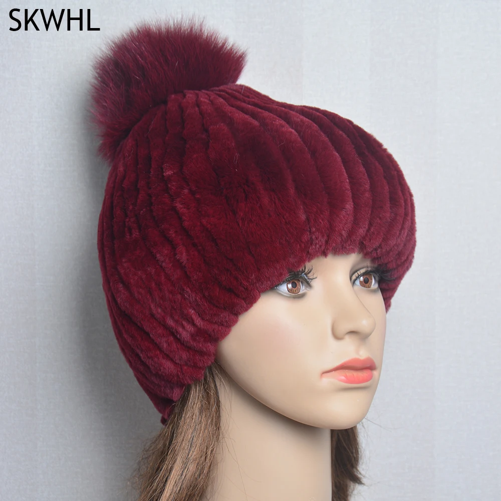 Real Rex Rabbit Fur Hat Women Winter Knitted Fur Beanies Cap With Fur Pom Poms Brand New Thick Female Cap Elastic Soft Warm