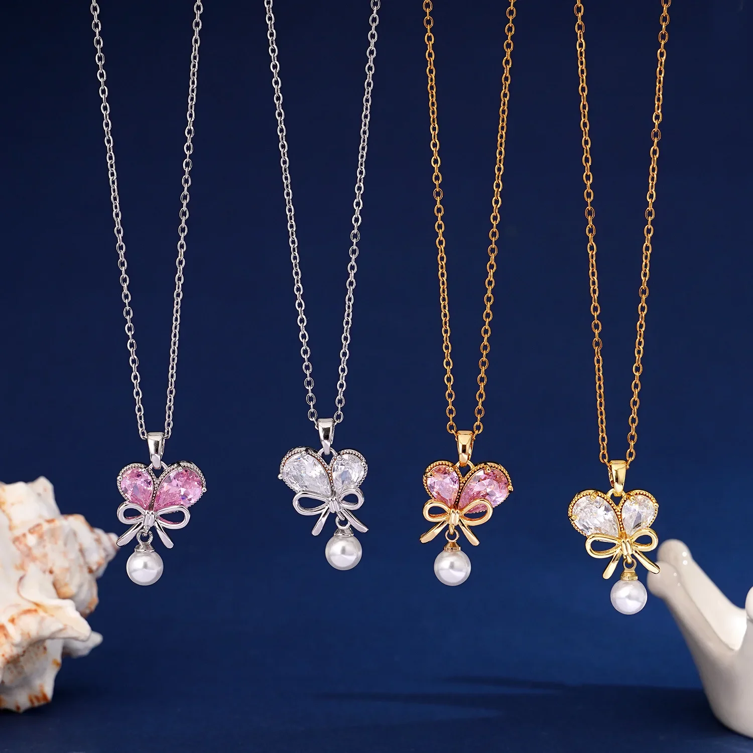 Модное ожерелье с подвеской в виде сердца жемчуга банта из циркония для женщин и