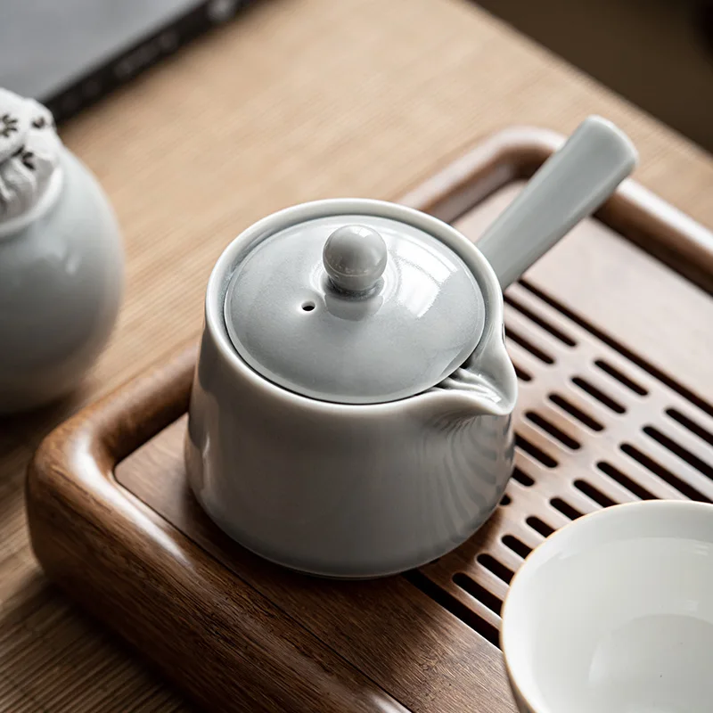 

Керамический горшок с боковой ручкой, в японском стиле, ручная работа, ледяной серый глазурь, набор для чайного приготовления, чайный инфузор