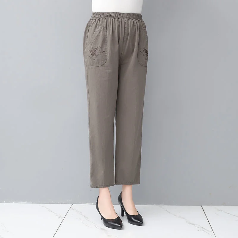 

Middle Aged Women Trousers Spring Fall Elastic High Waist Casual Solid Color Cropped Pants Female Straight Pants 4XL