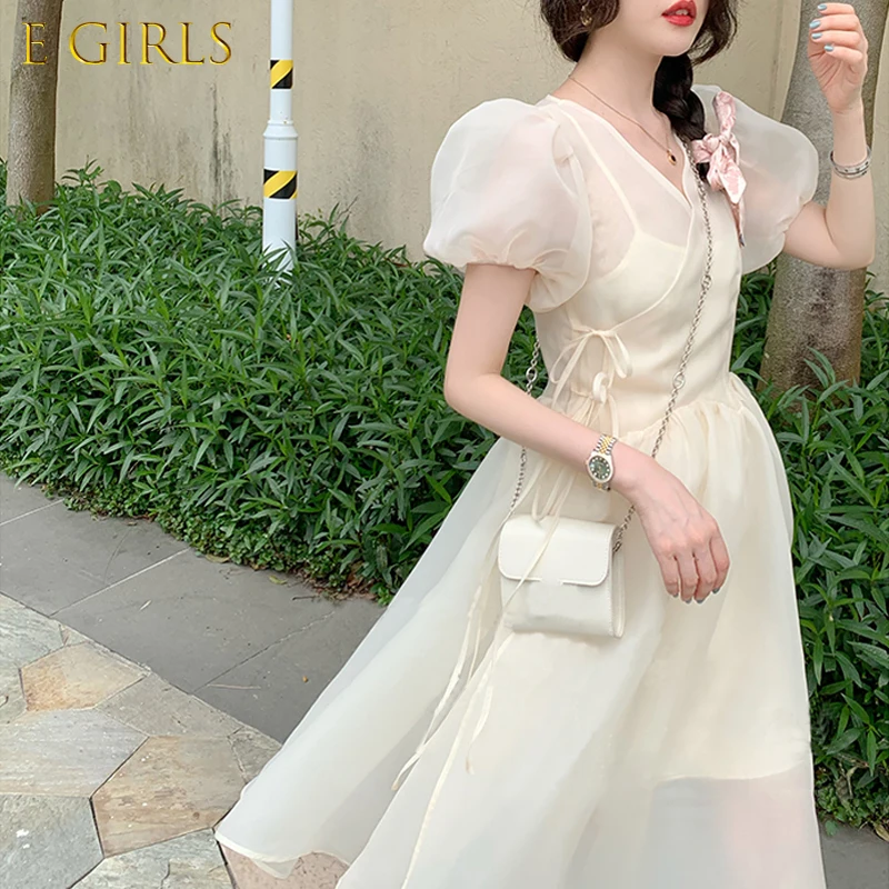 

E GIRLS French Vintage Midi Dress Women Casual Summer Floral Party Elegant Dress Female V-Neck One Piece Dress Korean Retro