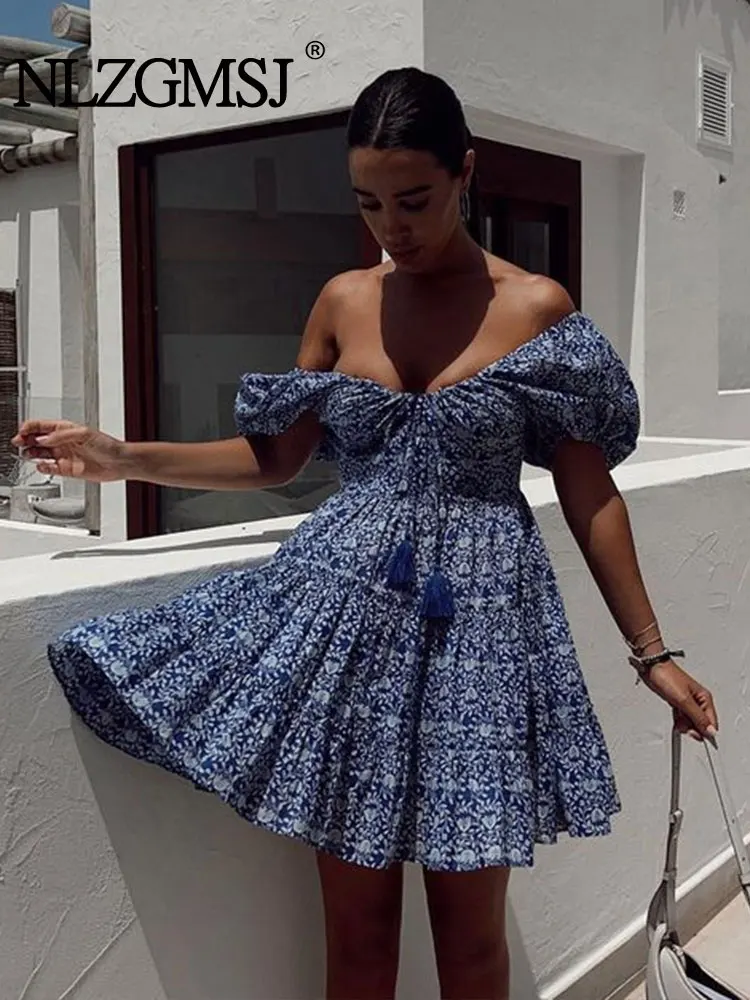 

Nlzgmsj TRAF Summer Women Vintage Floral Print Dress Sexy Collar Puff Sleeve Female Palace Style Party Mini Dresses