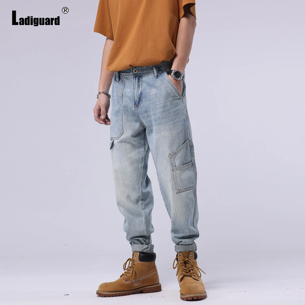 Ladiguard Plus Size Men's Ripped Jeans 2022 European Style Fashion Zipper Pocket Denim Pants Sexy Demin Pantalon Hip Hop Trouser