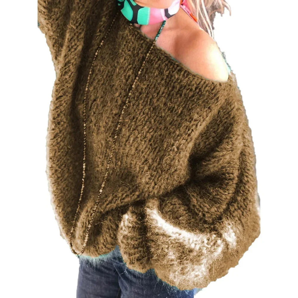 Темпераментный сексуальный однотонный вязаный плюшевый свитер нестандартной