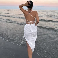 elegant summer dresses woman 2022 holiday smocked backless straps high waist slit long dress sexy lace up beach party dresses