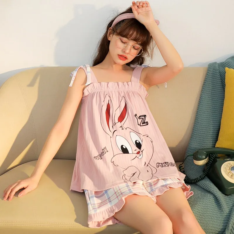 

Summer Ladies Suspenders Shorts Cartoon Girl Homewear Suit пижама хлопок Sales with Free Shipping Clearance Sale Sleepwear