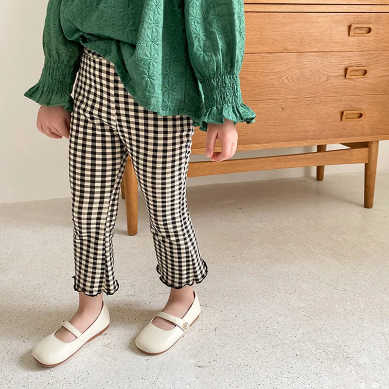 

Женские летние клетчатые укороченные брюки, детские весенние Черные Облегающие расклешенные брюки