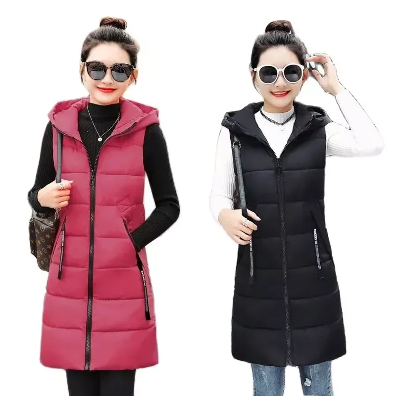 

2021 New Autumn Winter Mid-length Down Cotton Women's Vest Coat Solid Color Zipper Hooded Casual Waistcoat Ladies Vest Jacke