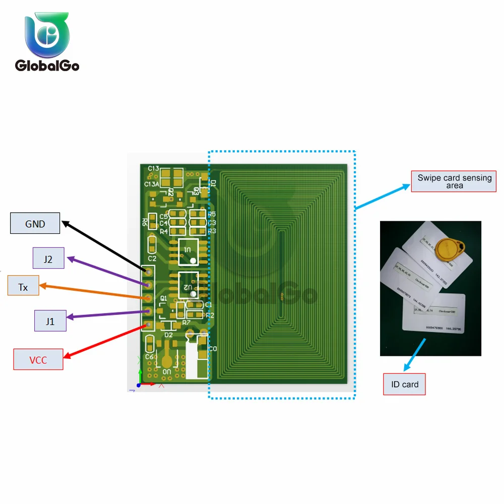 

Модуль считывания карт RFID 3,3-5 В, 125 кГц, кардридер со встроенной антенной, радиочастотный модуль UART, последовательный выход, комплекты RDM6300