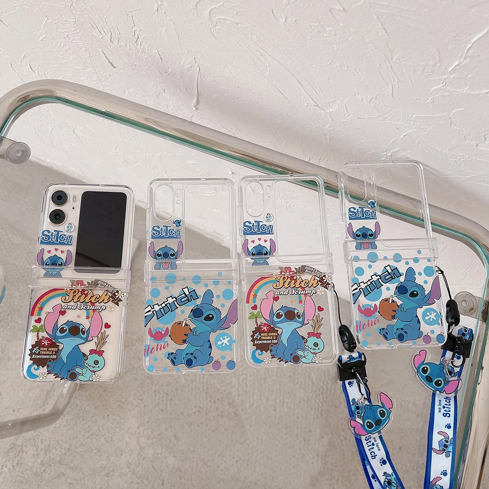 

Cute Cartoon Disney Stitch with Rope Phone Case for OPPO Find N2 Flip Fold Transparent Anti-drop Back Cover