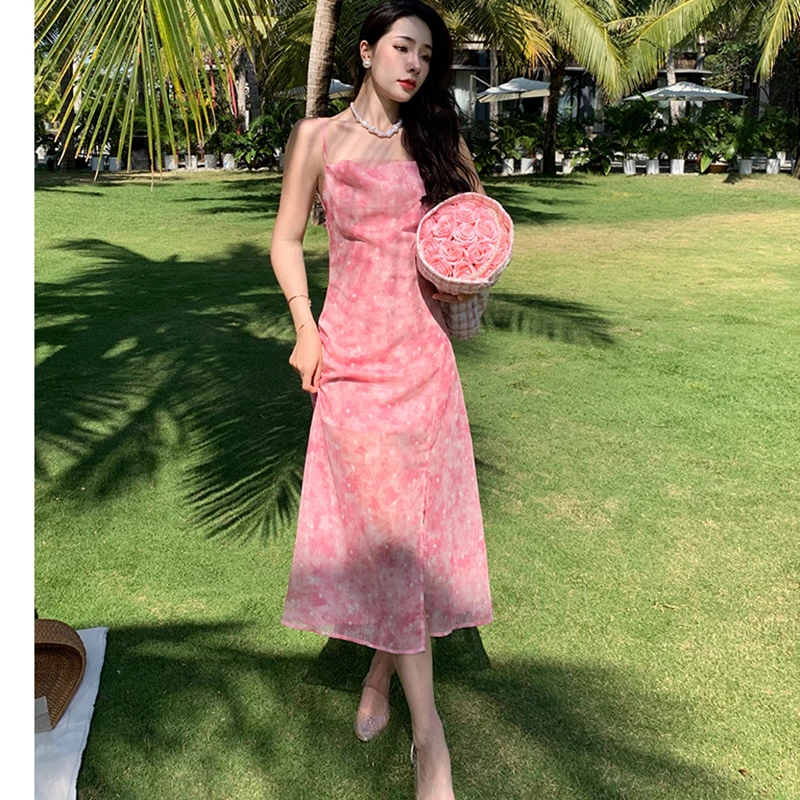 

Новинка, длинное белое платье-комбинация с цветочным рисунком, лето 2022, подиумное элегантное платье с открытой спиной на бретельках в Корей...